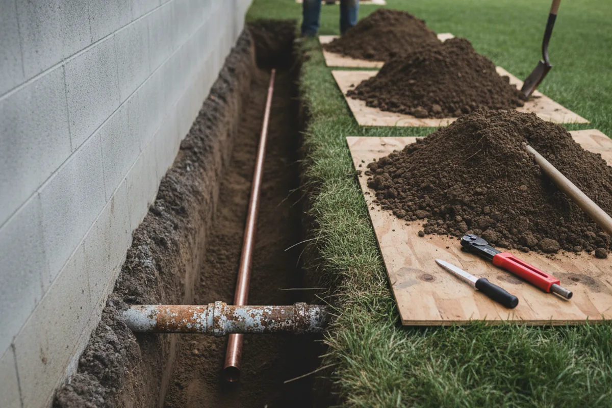 Excavated water line trench during Water Heater Repair in Northville